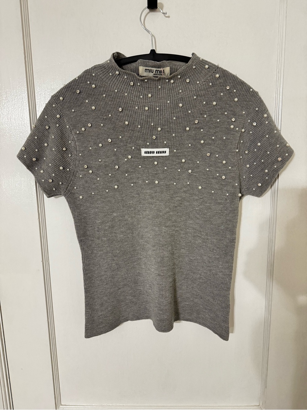 NWT Miu miu grey knit top with pearl and crystal embellishment